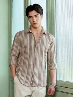 CAHOOT - Men Khaki Striped Full Sleeves Regular Casual Shirt