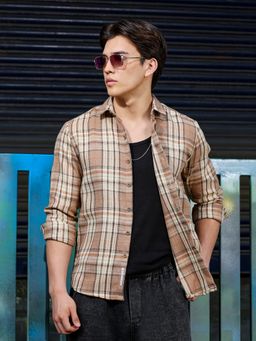CAHOOT - Men Light Brown Tartan Check Full Sleeves Regular Shirt