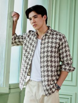 CAHOOT - Men Brown Houndstooth Check Regular Casual Shirt