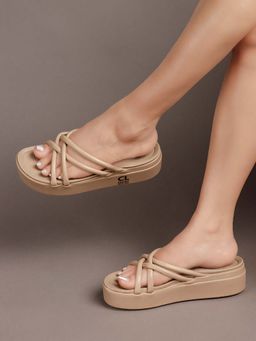 Carlton London - Beige Womens Strappy Platform Slide Sandal