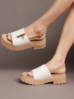 Carlton London - White Womens Textured Platform Sandal with Zipper Detail