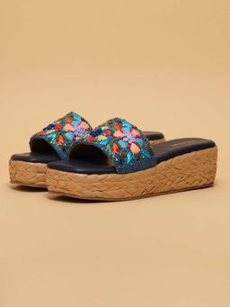 ERIDANI - Daisy Blue Embroidered Wedges Heels