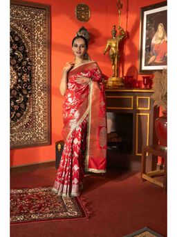 Zal from Benaras - Red Pure Katan Silk Banarasi Jangla Work Saree without Blouse