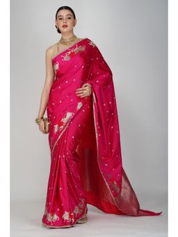 Zal from Benaras - Hot Pink Pure Katan Silk Banarsi Handloom Saree without Blouse