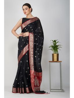 Zal from Benaras - Black Red Pure Katan Silk Banarasi Handloom Saree without Blouse