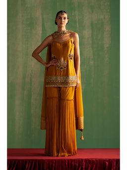 STUDIO BAGECHAA - Shruti Mustard Embroidered Kurti with Sharara and Dupatta (Set of 3)