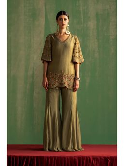 STUDIO BAGECHAA - Alira Green Embroidered Kurti with Sharara (Set of 2)
