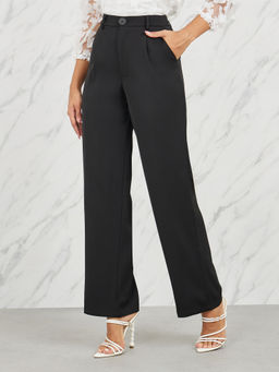 Styli - Black Basic Solid Button-Front Flared Full-Length Pant