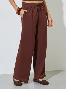 Styli - Brown Basic Solid Drawstring Waist Wide Leg Full-Length Pant