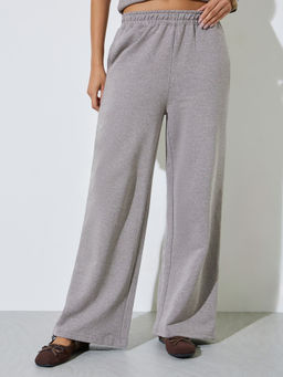 Styli - Grey Basic Solid Elastic Waist Wide Leg Full-Length Pant