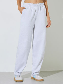 Styli - White Basic Solid Elastic Waist Loose Full-Length Pant