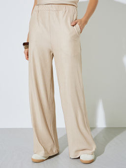Styli - Beige Solid Elastic Waistband Wide-Leg Full-Length Pant