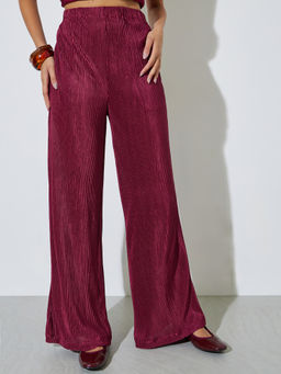 Styli - Burgundy Solid Elastic Wide-Leg Full-Length Pant