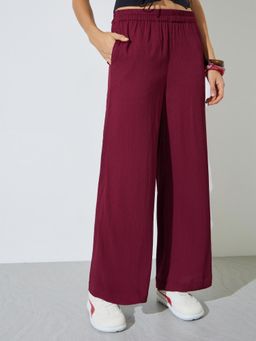 Styli - Maroon Textured Elastic Waistband Wide-Leg Full-Length Pant