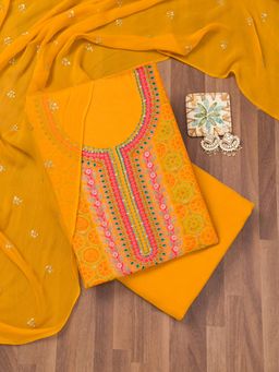 Koskii - Yellow Zari Crepe Unstitched Top with Unstitched Bottom and Dupatta (Set of 3)