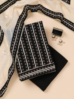 Koskii - Black Printed Cotton Unstitched Top with Unstitched Bottom and Dupatta (Set of 3)