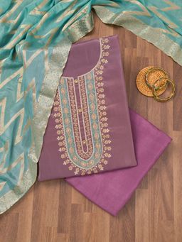 Koskii - Lavender Zari Crepe Unstitched Top with Unstitched Bottom and Dupatta (Set of 3)