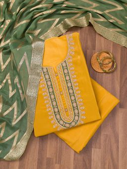 Koskii - Mustard Zari Crepe Unstitched Top with Unstitched Bottom and Dupatta (Set of 3)