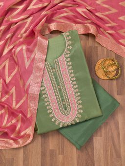 Koskii - Pista Green Zari Crepe Unstitched Top with Unstitched Bottom and Dupatta (Set of 3)