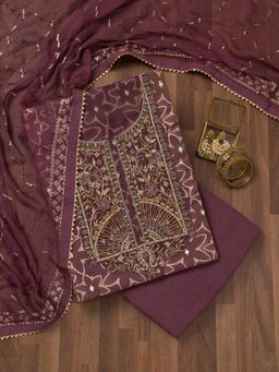 Koskii - Lavender Zari Crepe Unstitched Top with Unstitched Bottom and Dupatta (Set of 3)