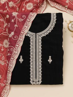 Koskii - Black Thread Art Silk Unstitched Top with Unstitched Bottom and Dupatta (Set of 3)