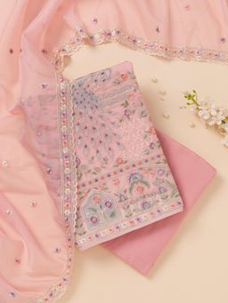 Koskii - Pink Zari Organza Unstitched Top with Unstitched Bottom and Dupatta (Set of 3)