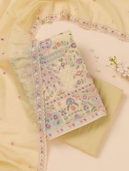 Koskii - Yellow Zari Organza Unstitched Top with Unstitched Bottom and Dupatta (Set of 3)