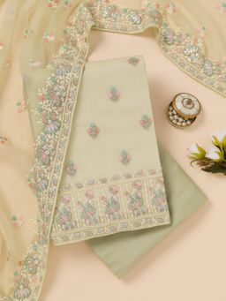 Koskii - Pista Green Zari Organza Unstitched Top with Unstitched Bottom and Dupatta (Set of 3)