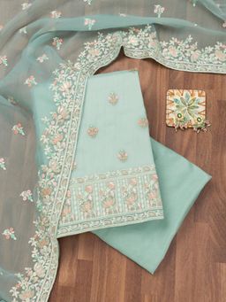Koskii - Sky Blue Thread Organza Unstitched Top with Unstitched Bottom and Dupatta (Set of 3)