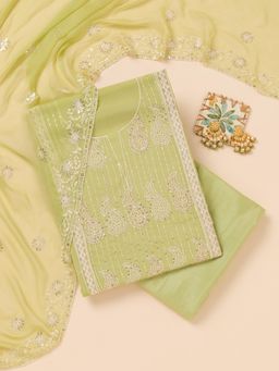 Koskii - Parrot Green Thread Crepe Unstitched Top with Unstitched Bottom and Dupatta (Set of 3)