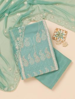 Koskii - Sea Green Thread Crepe Unstitched Top with Unstitched Bottom and Dupatta (Set of 3)