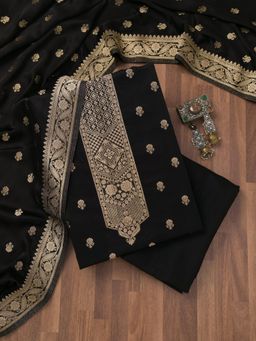 Koskii - Black Zari Crepe Unstitched Top with Unstitched Bottom and Dupatta (Set of 3)