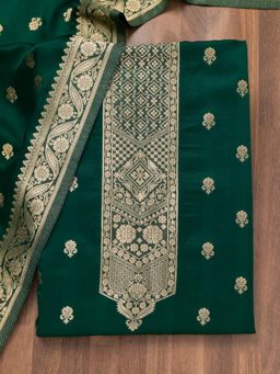 Koskii - Bottle Green Zari Crepe Unstitched Top with Unstitched Bottom and Dupatta (Set of 3)