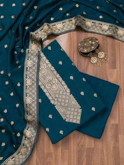 Koskii - Teal Zari Crepe Unstitched Top with Unstitched Bottom and Dupatta (Set of 3)