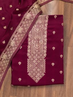 Koskii - Wine Zari Crepe Unstitched Top with Unstitched Bottom and Dupatta (Set of 3)