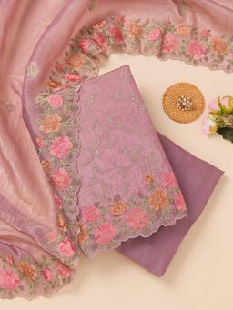 Koskii - Lavender Zari Crepe Unstitched Top with Unstitched Bottom and Dupatta (Set of 3)