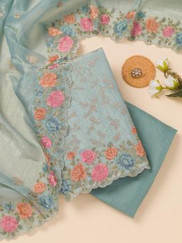 Koskii - Sea Green Zari Crepe Unstitched Top with Unstitched Bottom and Dupatta (Set of 3)