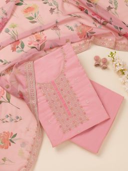 Koskii - Pink Zari Organza Unstitched Top with Unstitched Bottom and Dupatta (Set of 3)