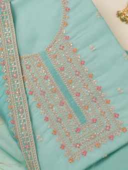 Koskii - Sea Green Zari Organza Unstitched Top with Unstitched Bottom and Dupatta (Set of 3)
