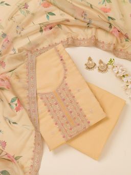 Koskii - Yellow Zari Organza Unstitched Top with Unstitched Bottom and Dupatta (Set of 3)