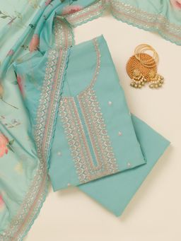 Koskii - Sky Blue Zari Art Silk Unstitched Top with Unstitched Bottom and Dupatta (Set of 3)