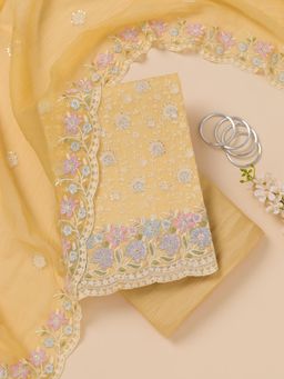 Koskii - Yellow Zari Tissue Unstitched Top with Unstitched Bottom and Dupatta (Set of 3)