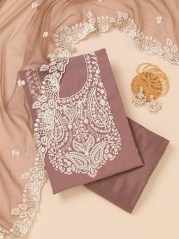 Koskii - Brown Thread Crepe Unstitched Top with Unstitched Bottom and Dupatta (Set of 3)