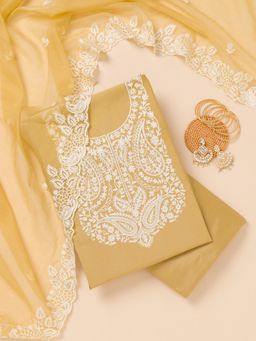 Koskii - Olive Thread Crepe Unstitched Top with Unstitched Bottom and Dupatta (Set of 3)