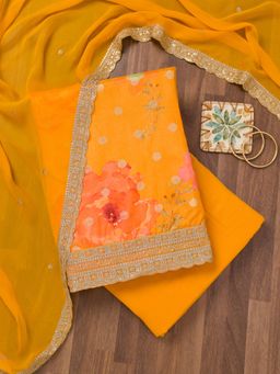 Koskii - Mustard Printed Crepe Unstitched Top with Unstitched Bottom and Dupatta (Set of 3)