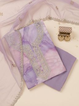 Koskii - Lavender Zari Organza Unstitched Top with Unstitched Bottom and Dupatta (Set of 3)
