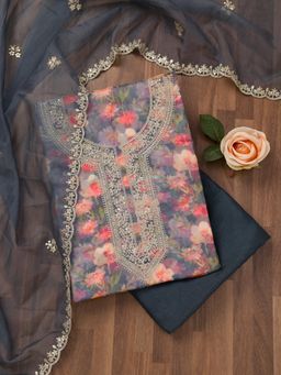 Koskii - Grey Printed Organza Unstitched Top with Unstitched Bottom and Dupatta (Set of 3)