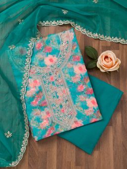 Koskii - Turquoise Printed Organza Unstitched Top with Unstitched Bottom and Dupatta (Set of 3)