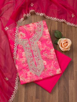 Koskii - Rani Pink Printed Organza Unstitched Top with Unstitched Bottom and Dupatta (Set of 3)