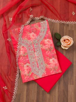 Koskii - Red Printed Organza Unstitched Top with Unstitched Bottom and Dupatta (Set of 3)